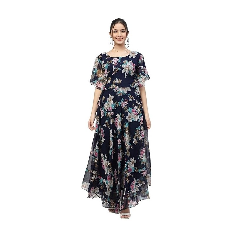 Women's Georgette Navy Blue Fit and Flare Dress | Dress for Women | One Piece Dress for Women