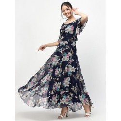 Women's Georgette Navy Blue Fit and Flare Dress | Dress for Women | One Piece Dress for Women