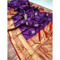 Red Kanchipuram Banarasi Silk Blend Woven Jacquard Saree for Women