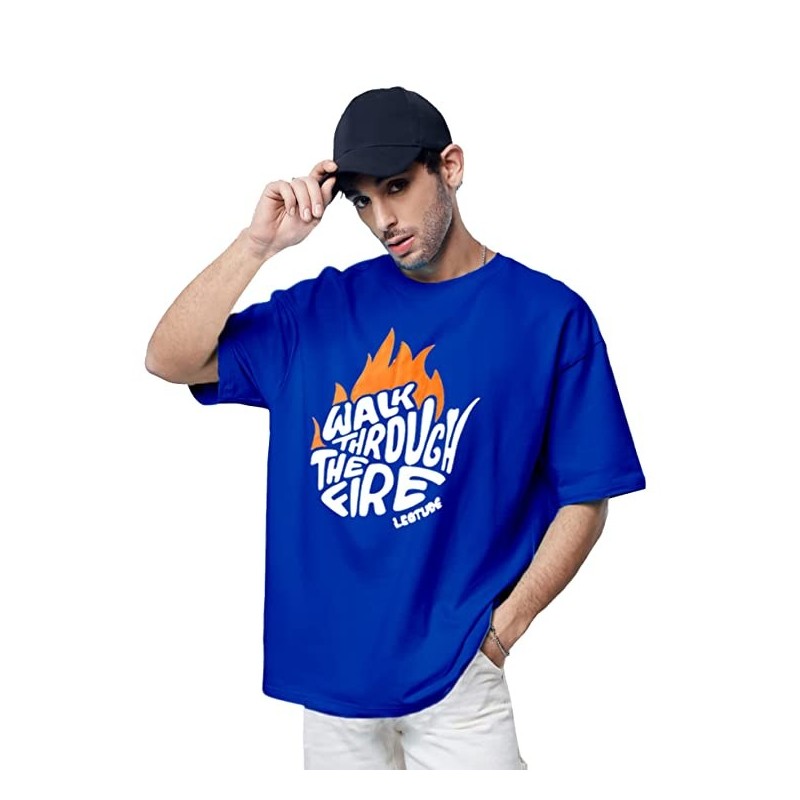 Overiszed Cottonblend Half Sleeve Drop Shoulder Men's Tshirt (Color: Blue)